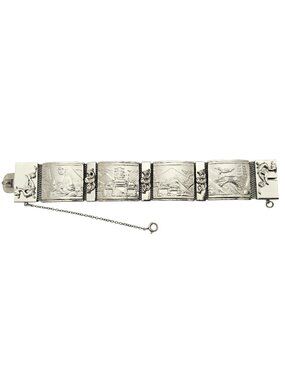 Whiting & Davis Silver Tone Asian Themed Dragon Storyteller Hinged Bracelet J845